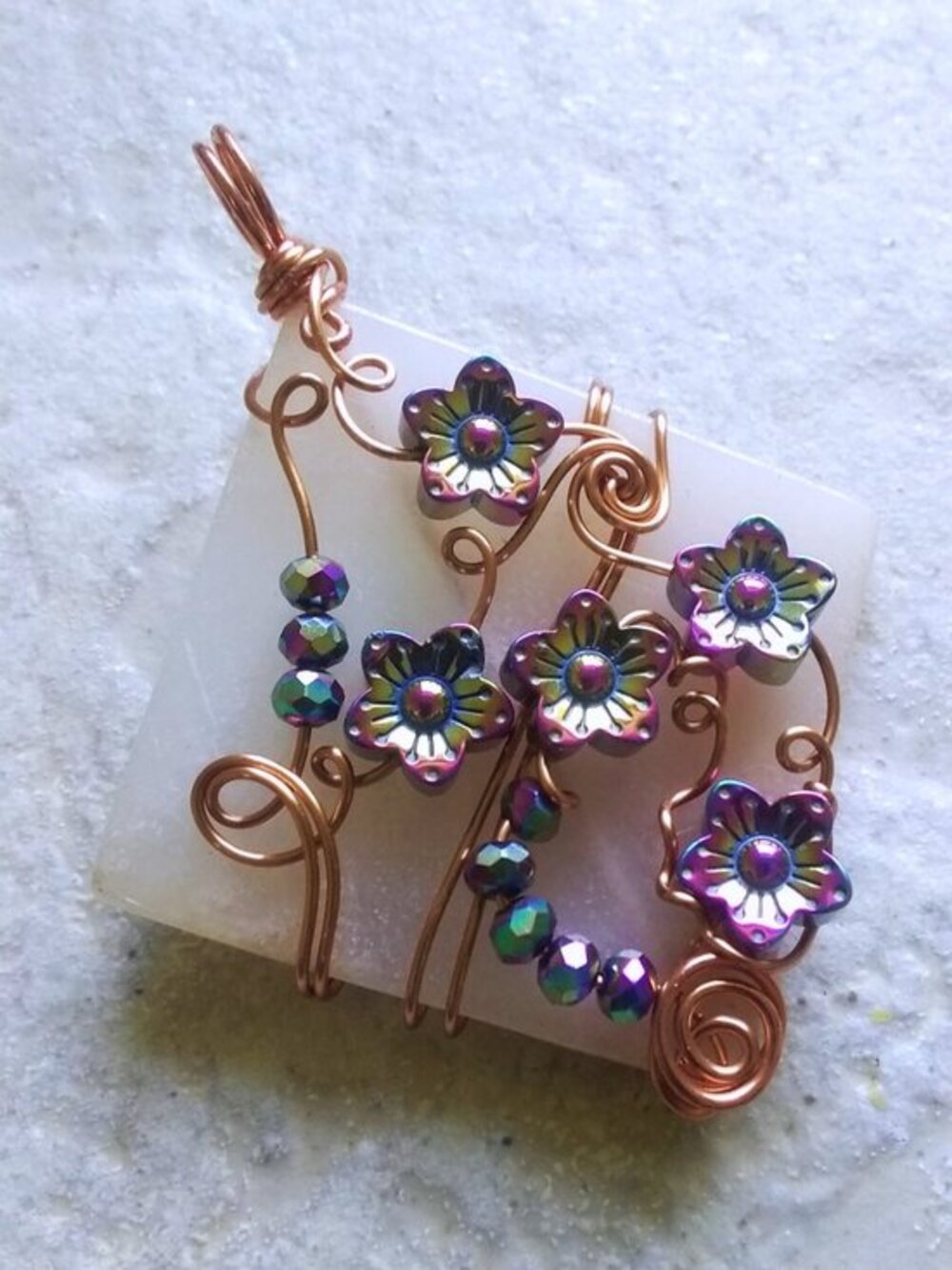 Floral Delights! Blush Colored Amazonite Stone! Pendant w. Rainbow Hued Blossoms